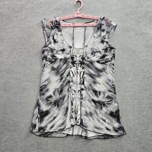 One World Women Top‎ Medium White Black Floral Blouse Studded Semi Sheer